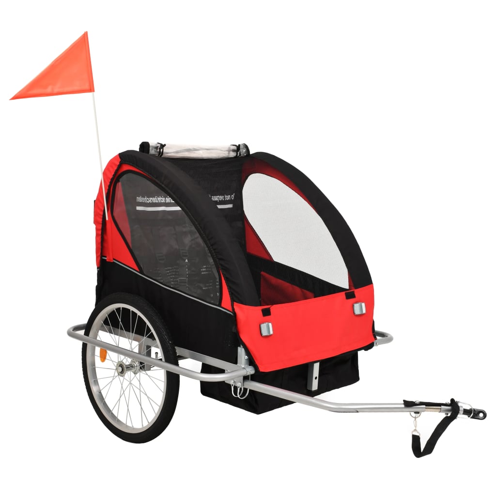 Fietstrailer en kinderwagen 2-in-1 zwart en rood