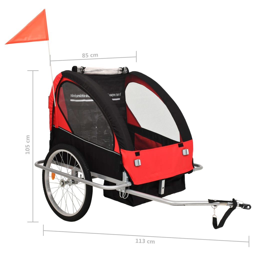 Fietstrailer en kinderwagen 2-in-1 zwart en rood