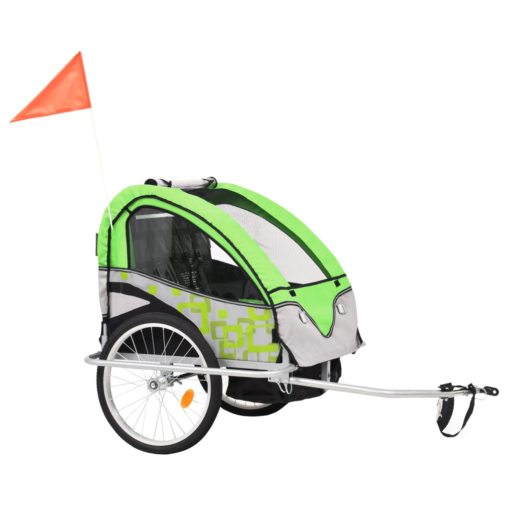 Fietstrailer en kinderwagen 2-in-1 groen en grijs