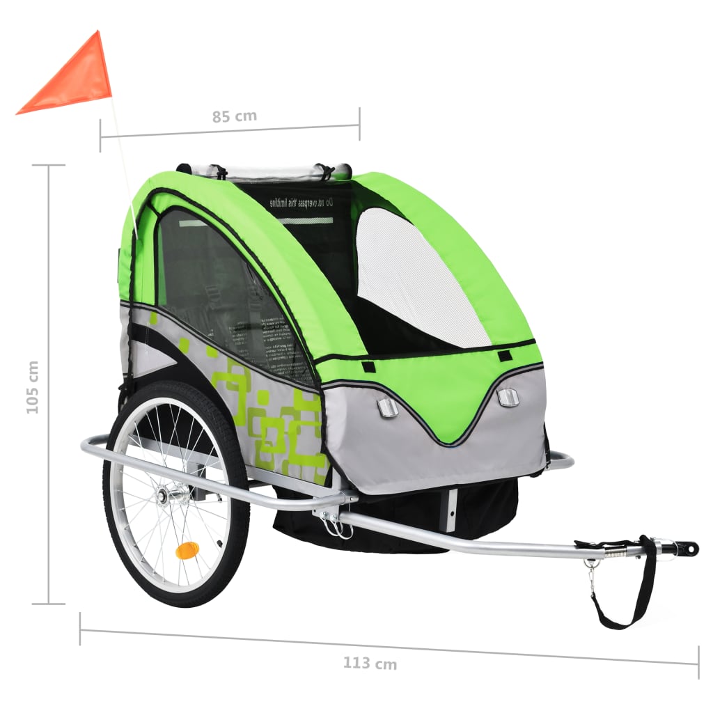 Fietstrailer en kinderwagen 2-in-1 groen en grijs