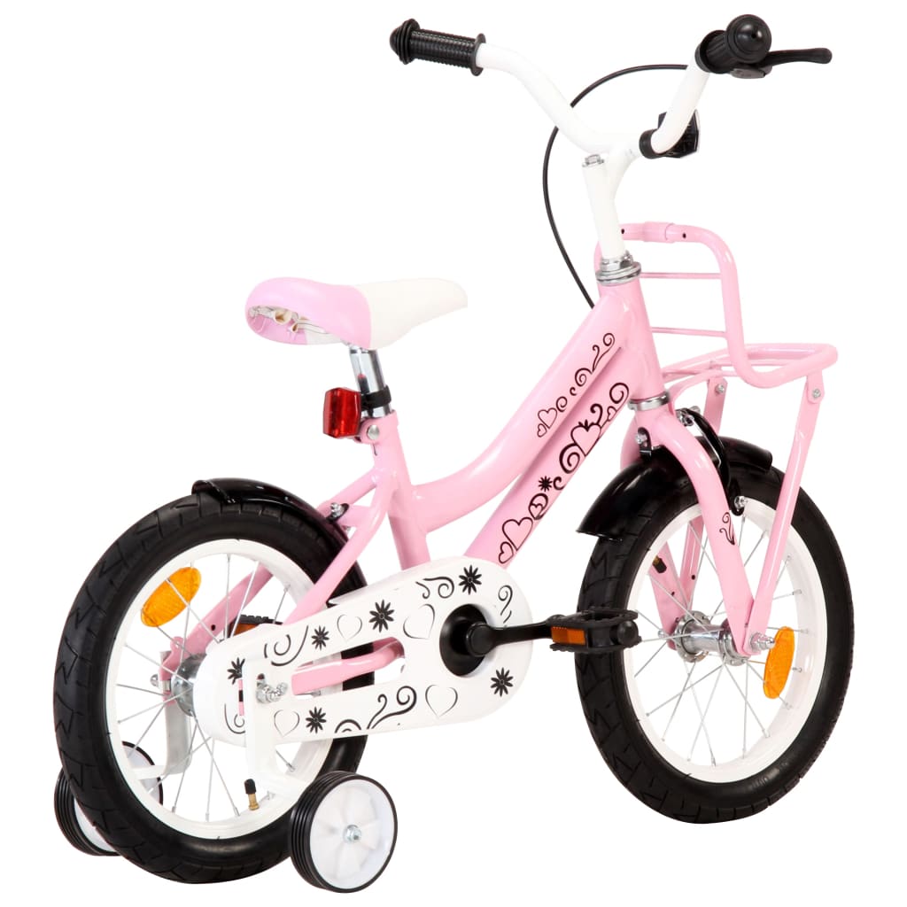 Kinderfiets met voordrager 14 inch wit en roze